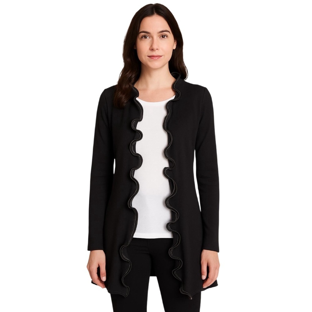 Stera Black Faux Leather Ruffled Long Open Stretch Cardigan Size S